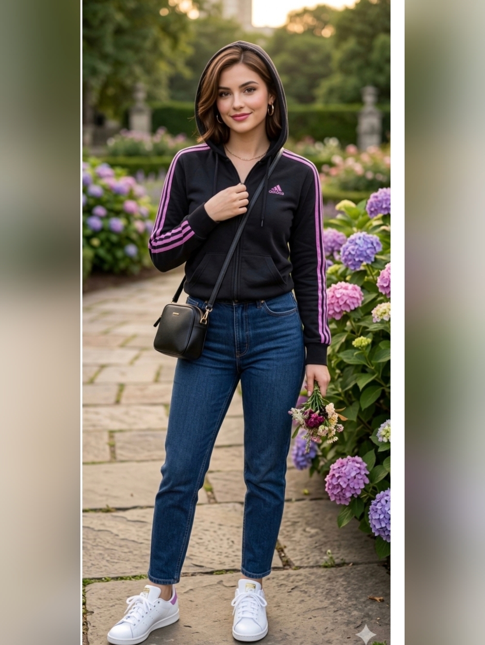adidas Black Hoodie with Pink Stripe Accents